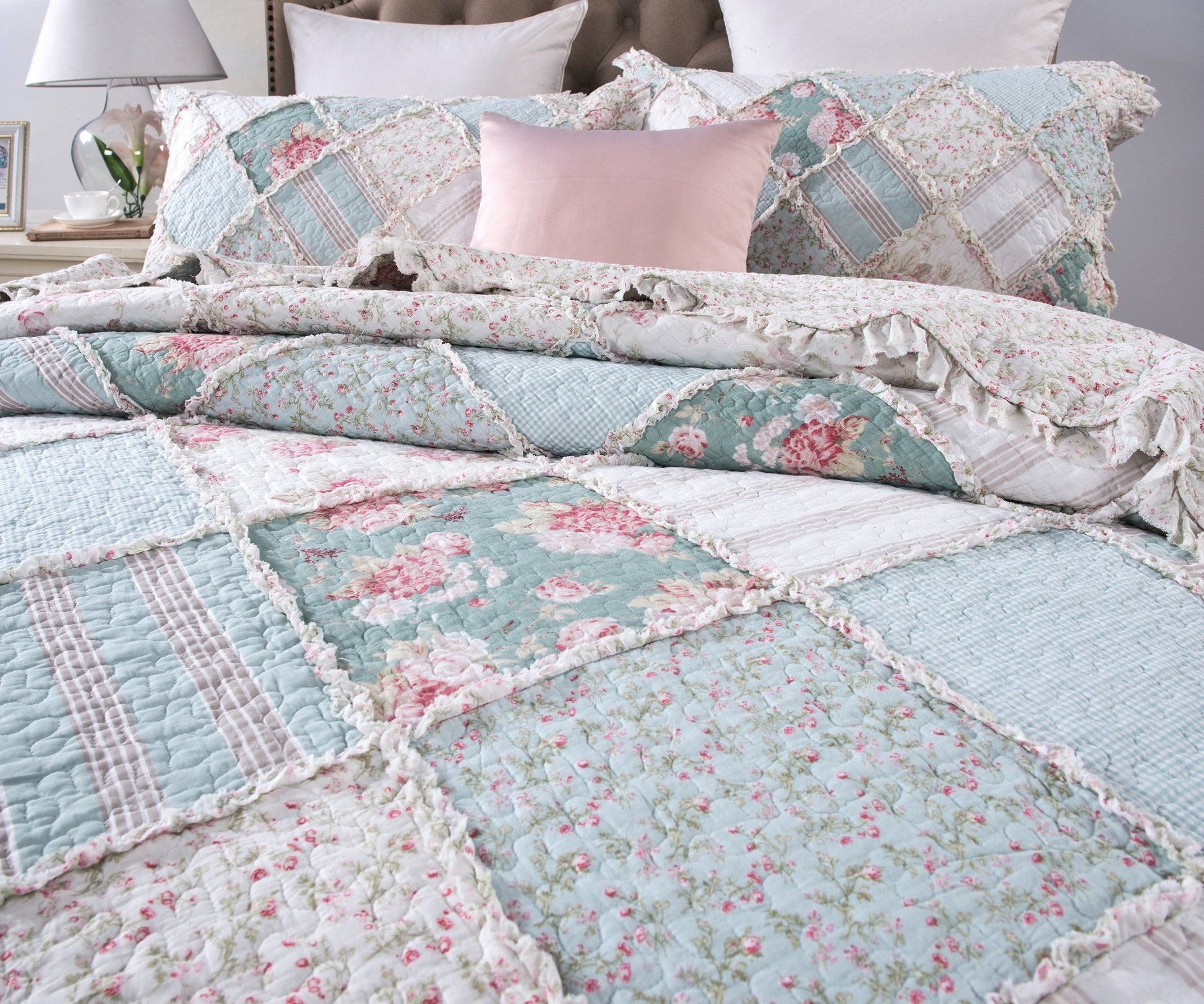 DaDa Bedding Hint of Mint Floral Pastel Cotton Patchwork Ruffle Bedspread Set (JHW-3036)- DaDalogy Bedding Collection- {{Product type}}