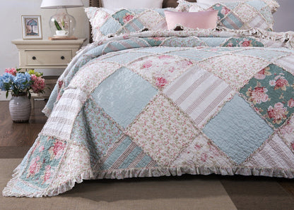 DaDa Bedding Hint of Mint Floral Pastel Cotton Patchwork Ruffle Bedspread Set (JHW-3036)- DaDalogy Bedding Collection- {{Product type}}