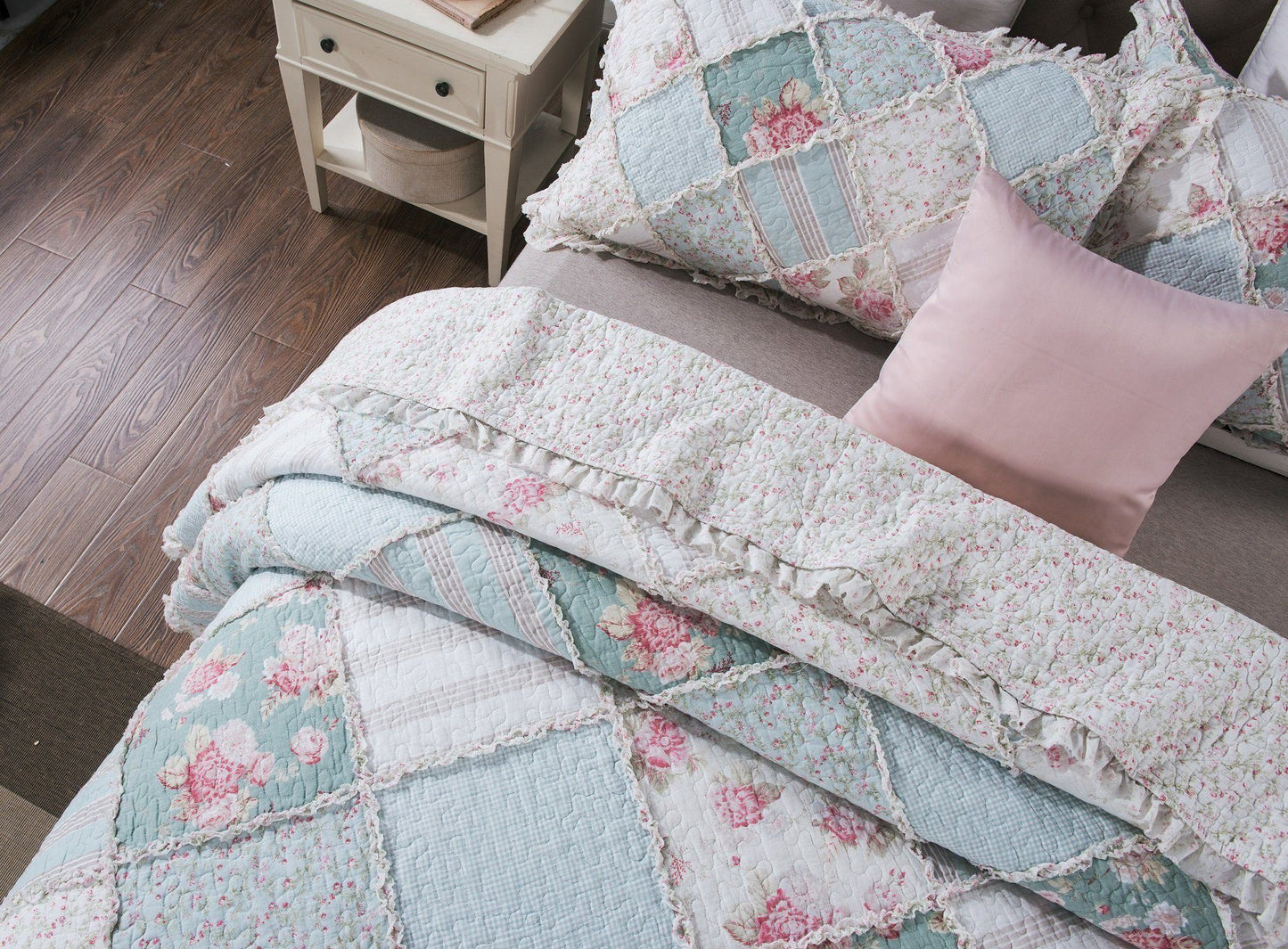 DaDa Bedding Hint of Mint Floral Pastel Cotton Patchwork Ruffle Bedspread Set (JHW-3036)- DaDalogy Bedding Collection- {{Product type}}