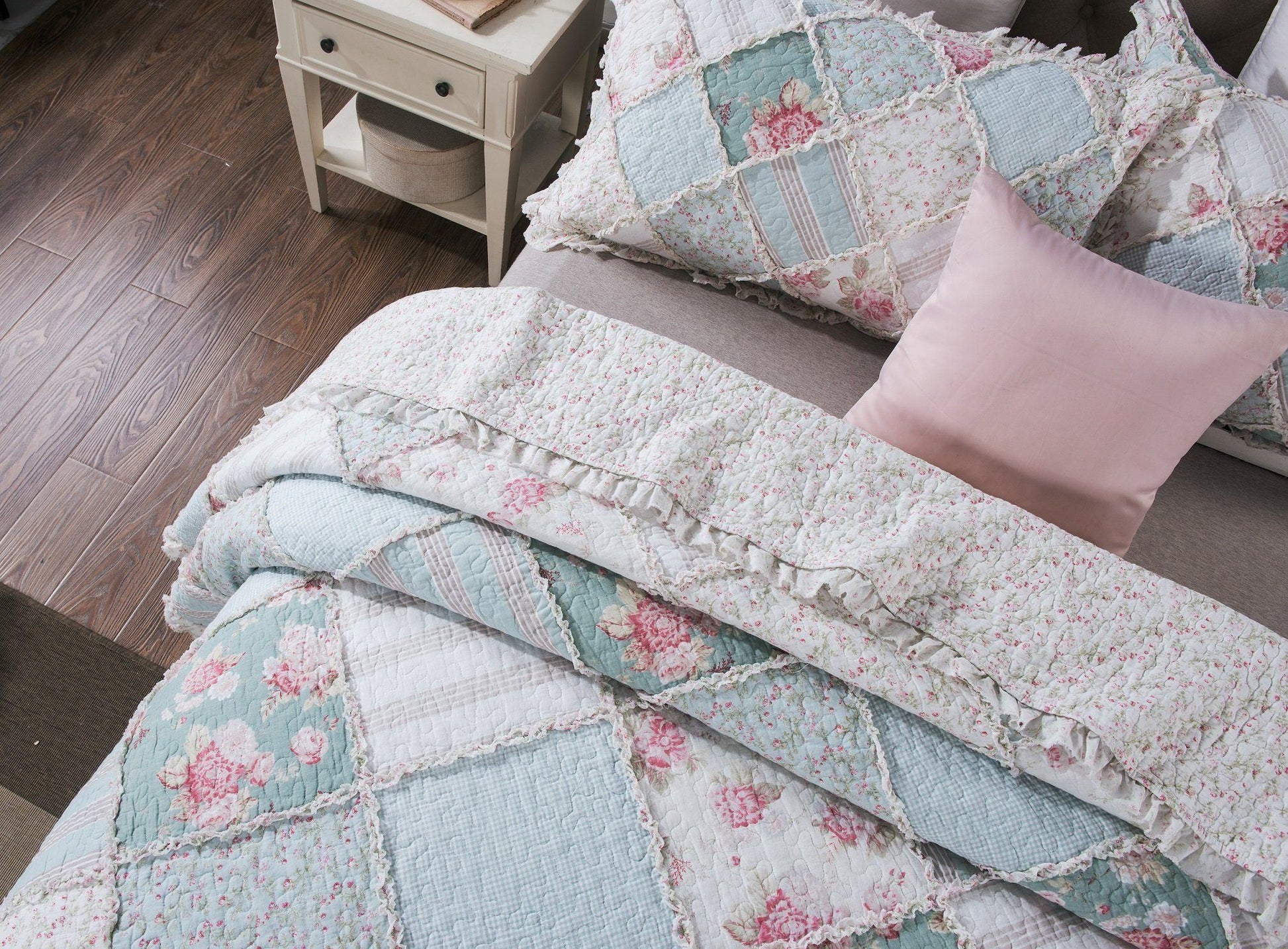 DaDa Bedding Hint of Mint Floral Pastel Cotton Patchwork Ruffle Bedspread Set (JHW-3036)- DaDalogy Bedding Collection- {{Product type}}