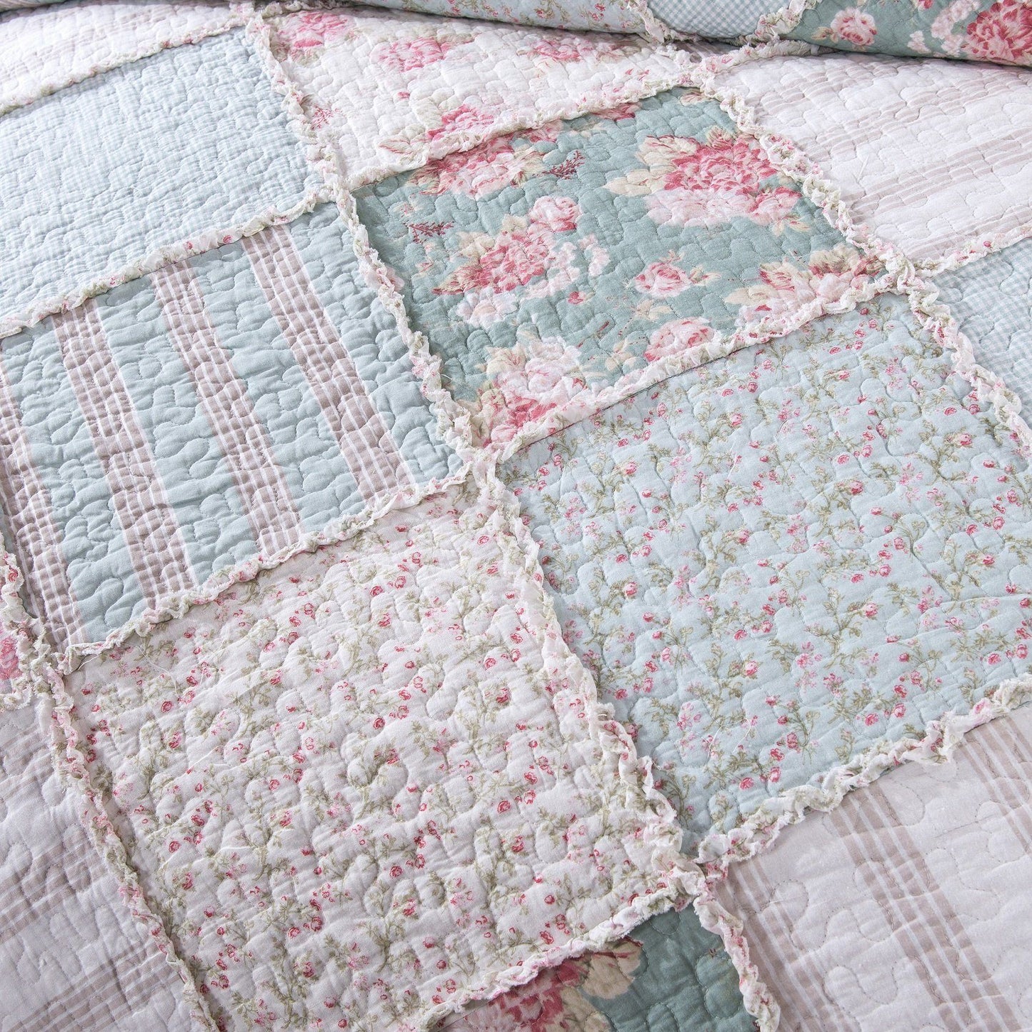 DaDa Bedding Hint of Mint Floral Pastel Cotton Patchwork Ruffle Bedspread Set (JHW-3036)- DaDalogy Bedding Collection- {{Product type}}