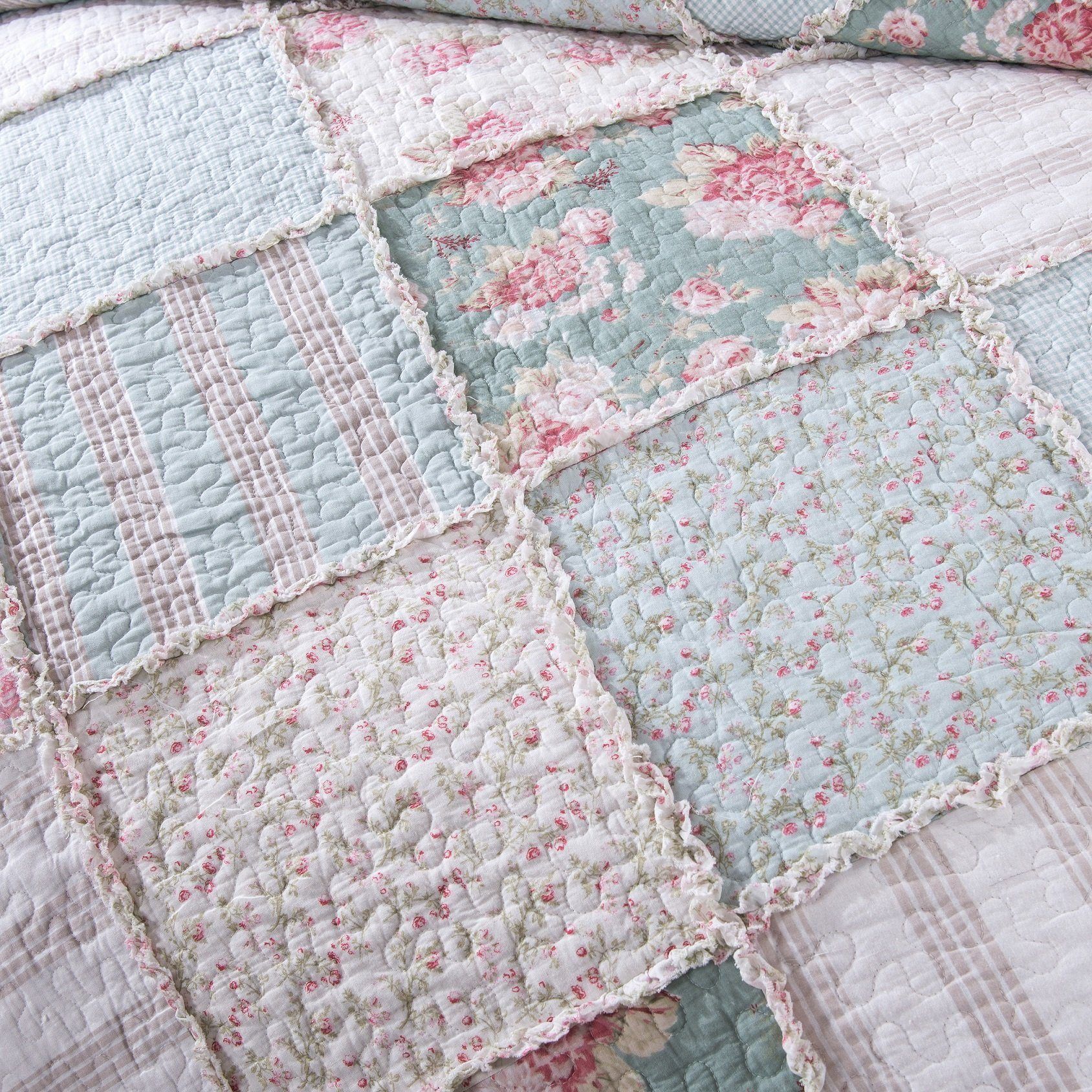 DaDa Bedding Hint of Mint Floral Pastel Cotton Patchwork Ruffle Bedspread Set (JHW-3036)- DaDalogy Bedding Collection- {{Product type}}