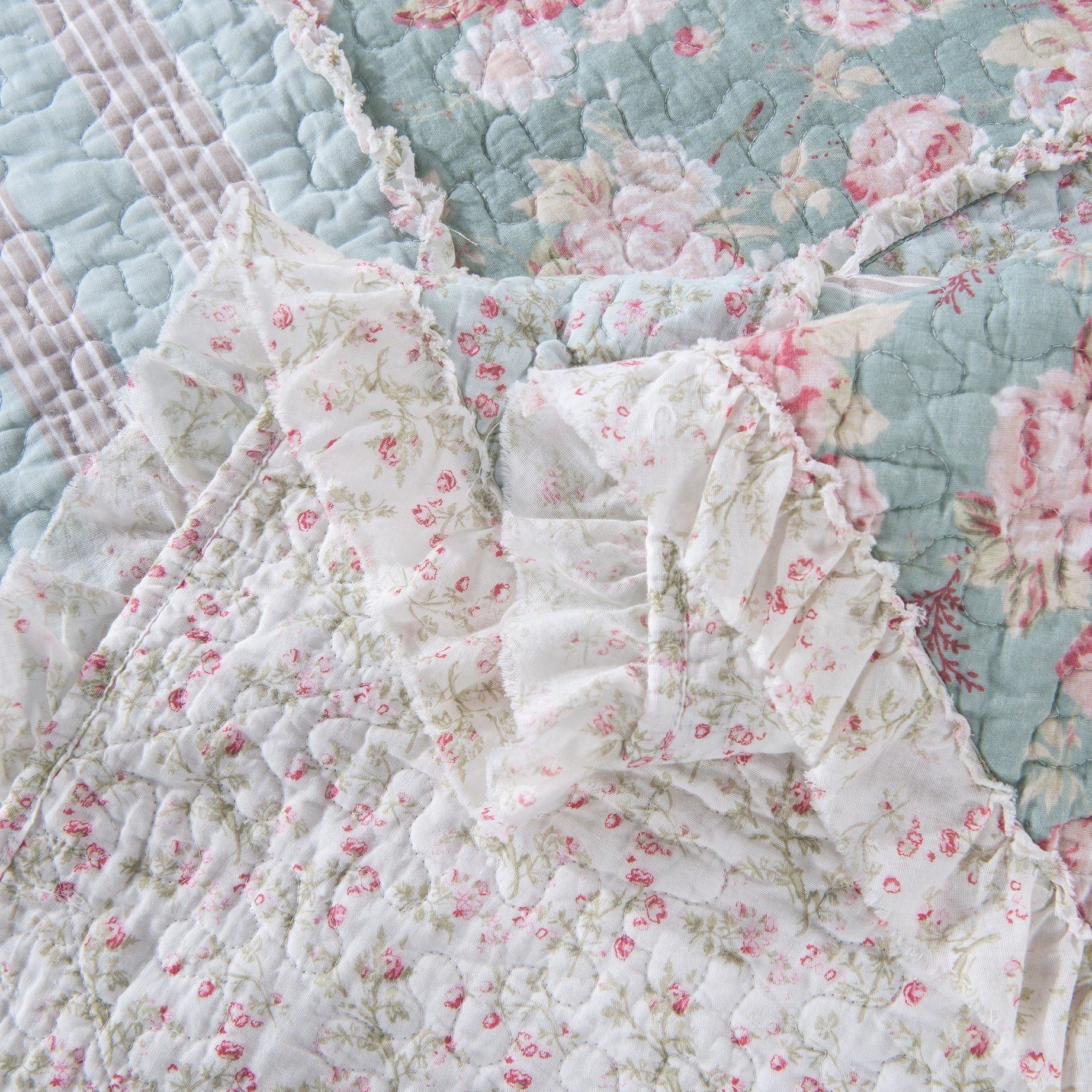 DaDa Bedding Hint of Mint Floral Pastel Cotton Patchwork Ruffle Bedspread Set (JHW-3036)- DaDalogy Bedding Collection- {{Product type}}