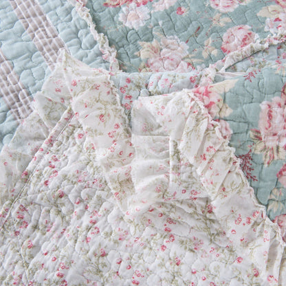 DaDa Bedding Hint of Mint Floral Pastel Cotton Patchwork Ruffle Bedspread Set (JHW-3036)- DaDalogy Bedding Collection- {{Product type}}