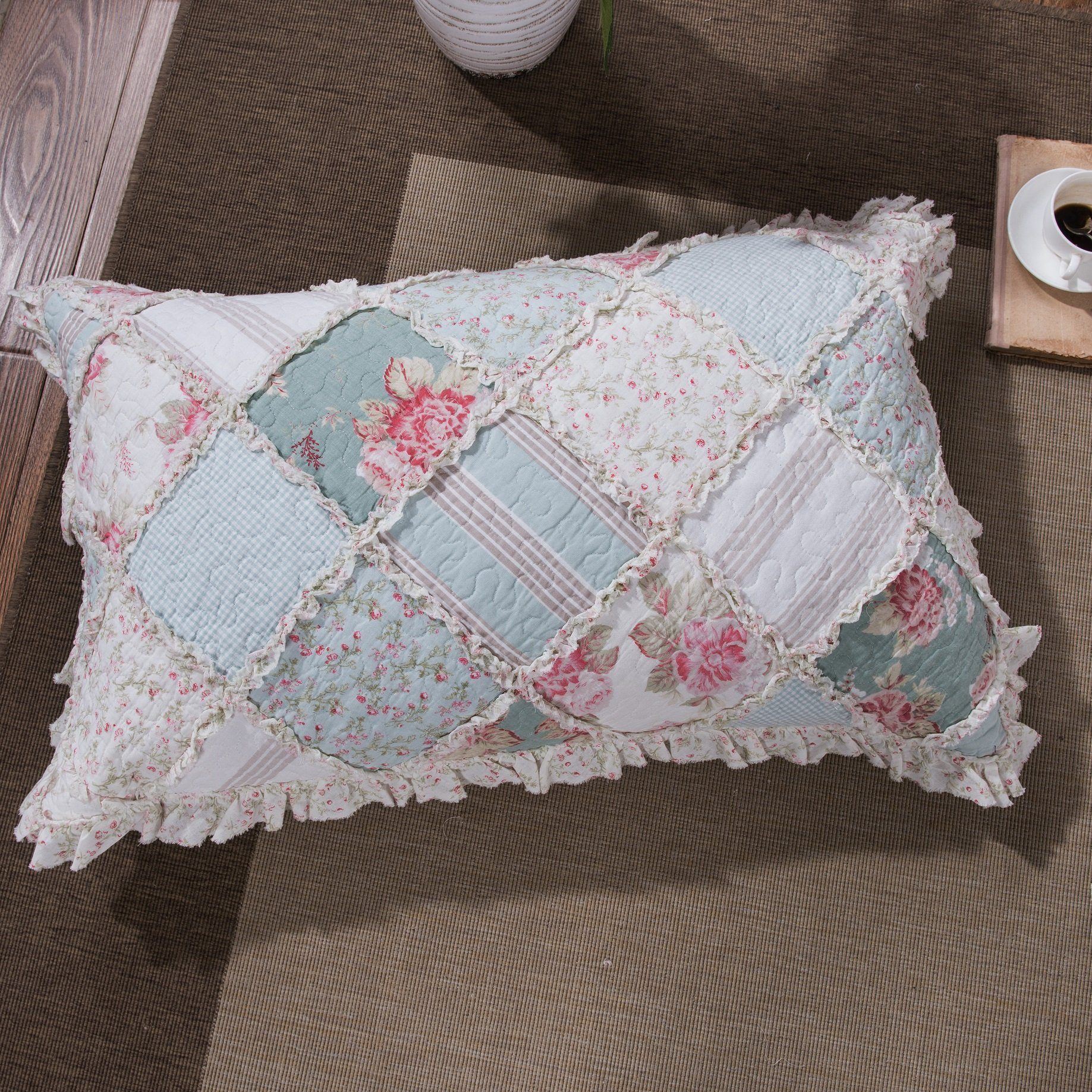 DaDa Bedding Hint of Mint Floral Pastel Cotton Patchwork Ruffle Bedspread Set (JHW-3036)- DaDalogy Bedding Collection- {{Product type}}