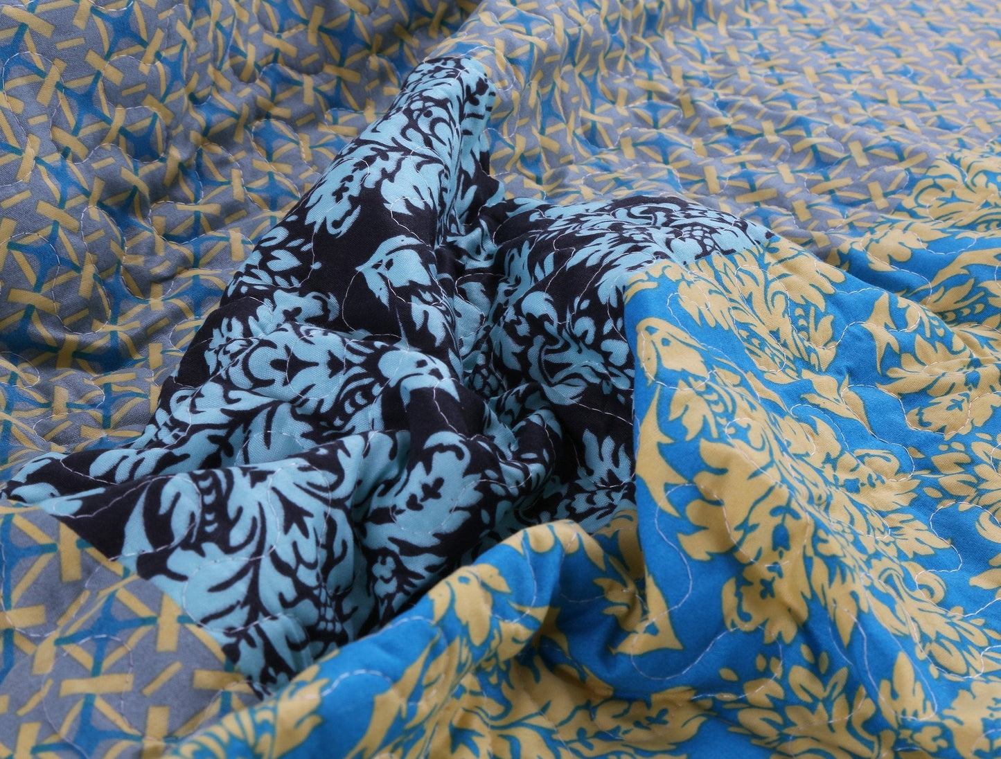 Tache Damask Ornate Baroque Teal Turquoise Blue Green Scalloped Quilt Set (SD-3300) - - Quilt / Bedspread