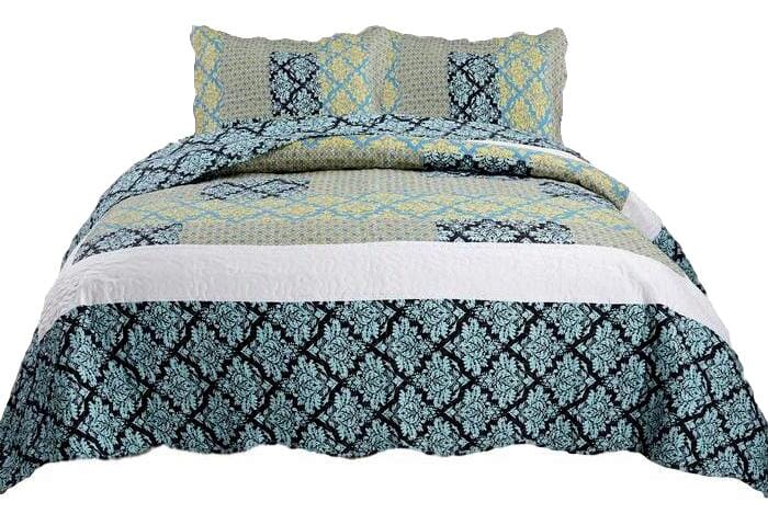 Tache Damask Ornate Baroque Teal Turquoise Blue Green Scalloped Quilt Set (SD-3300) - - Quilt / Bedspread