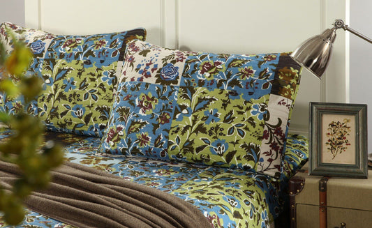 Tache Mystical Forest Green Blue Leaves Cotton Quilt Set - - Quilt / Bedspread