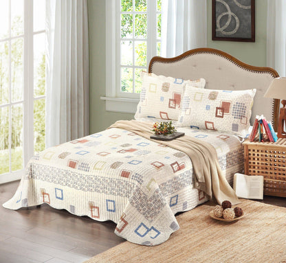 Tache Geometric Cubic Squares Ivory Scalloped Retro Cotton Quilt Bedspread Set (DSW009) - - Quilt / Bedspread