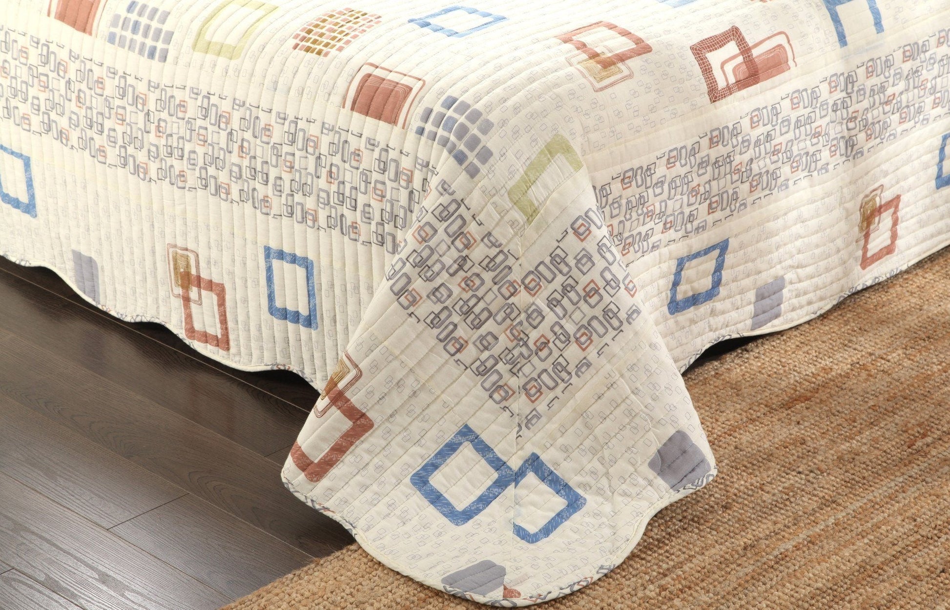 Tache Geometric Cubic Squares Ivory Scalloped Retro Cotton Quilt Bedspread Set (DSW009) - - Quilt / Bedspread