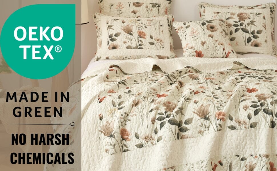 DaDalogy Enchanted Meadow Bed in a bag Set - Victoria Garden Delicate Floral Symphony in Beige, Rose, and Soft Green, Luxuriously Soft Quilted Set- DaDalogy Bedding Collection- {{Product type}}