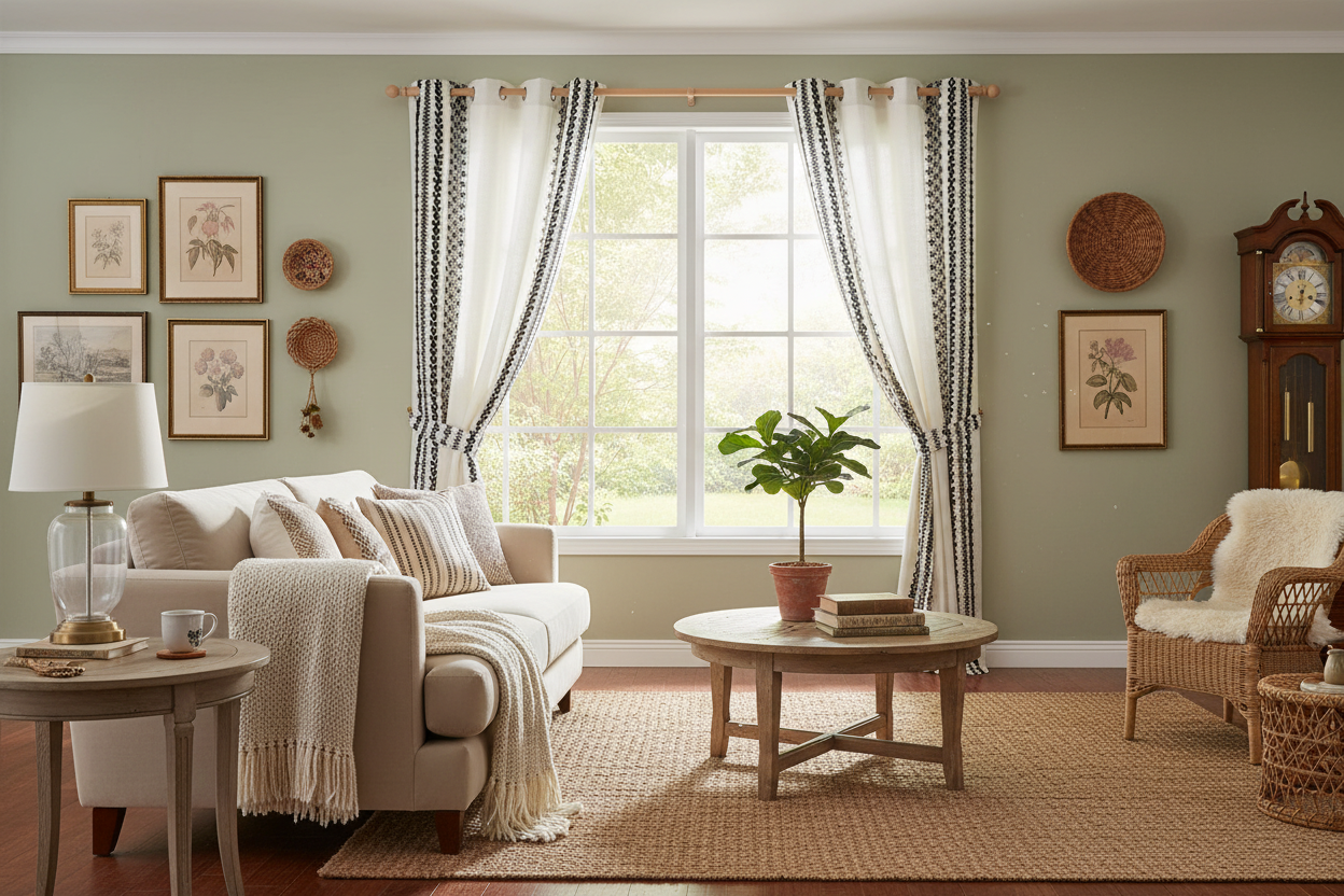 Beige & Black Linen Embroidered Curtain Set - - curtains