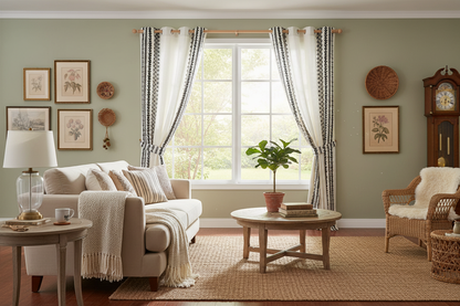 Beige & Black Linen Embroidered Curtain Set - - curtains