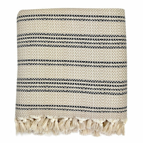 High-Quality Woven Stripe Turkish Throw - Sand + Black - Home Decor