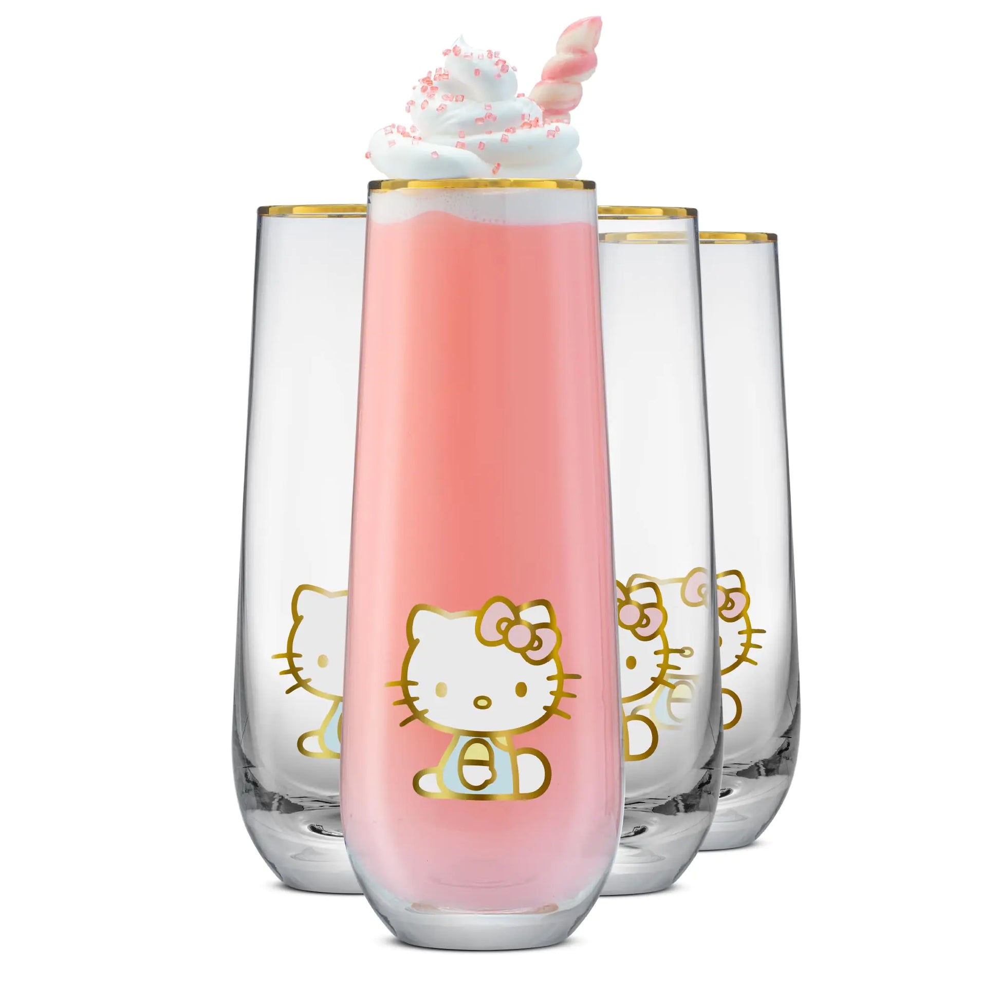 JoyJolt Hello Kitty Stay Gold Stemless Flutes 9.4oz Drinking Glasses Set of 4 Sanrio Highball Glasses Kawaii Hello Kitty Kitchen Glass Set Ideal for Water Juice Smoothies Skinny Tall Glasses Kia Day Design