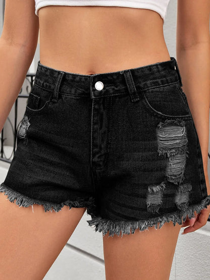 Distressed Raw Hem Denim Shorts - -