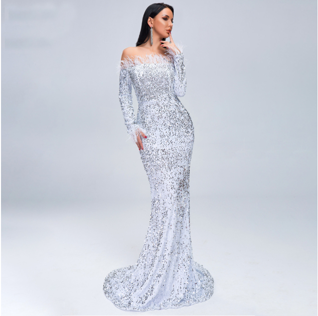Starlit Sequin Feather Gown - - dress