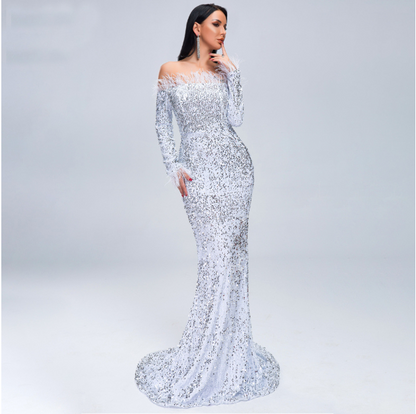 Starlit Sequin Feather Gown - - dress