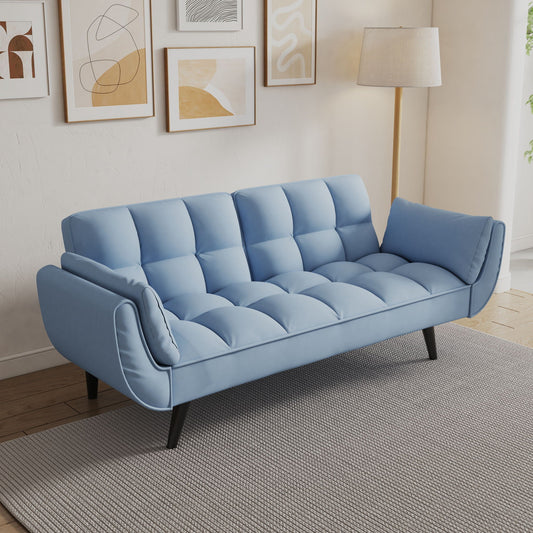 Compact Convertible Sofa Bed with Clustered Back - Light Blue - Futon Sofas