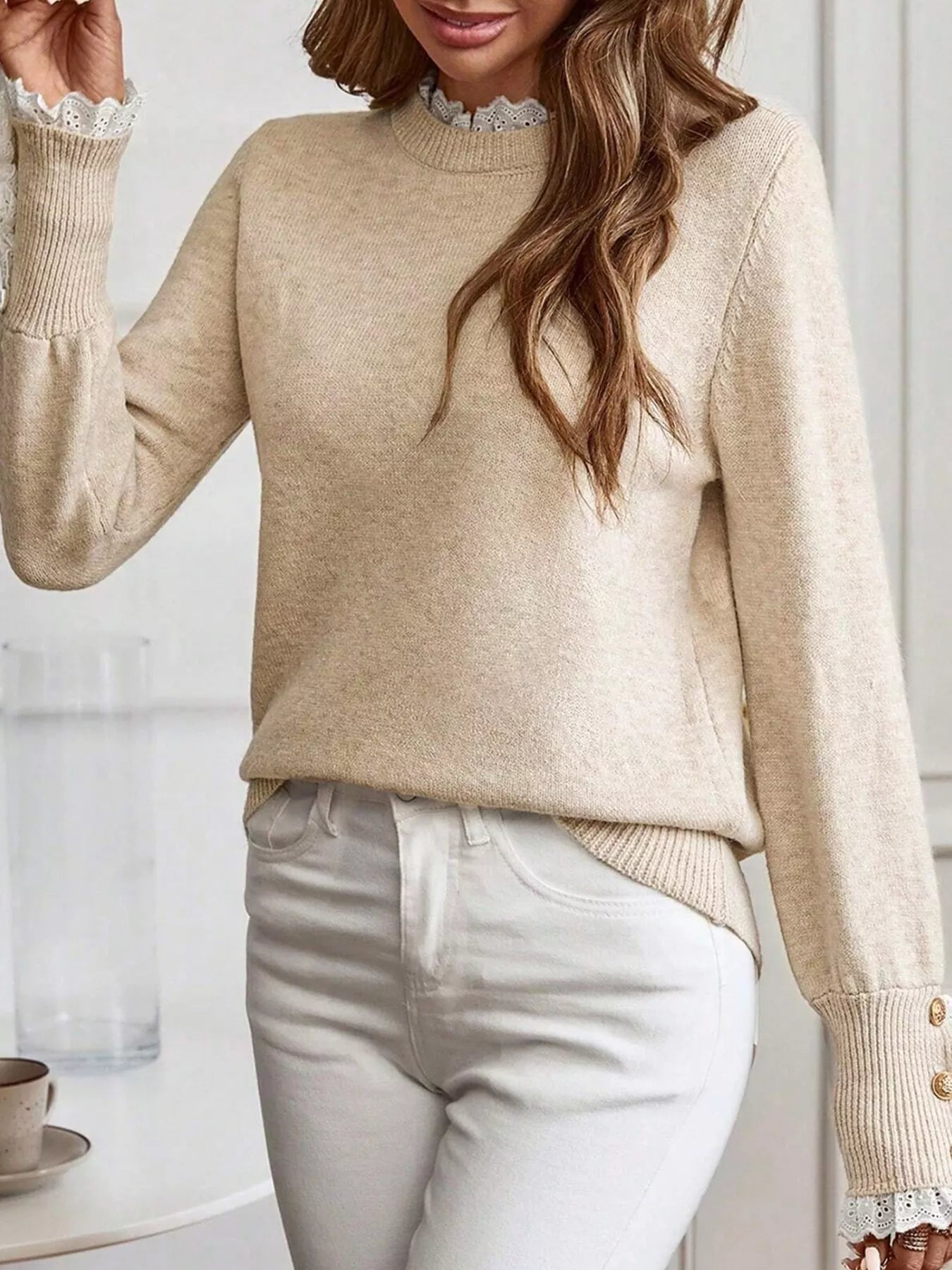 Lace Trim Button Cuff Long Sleeve Sweater - -