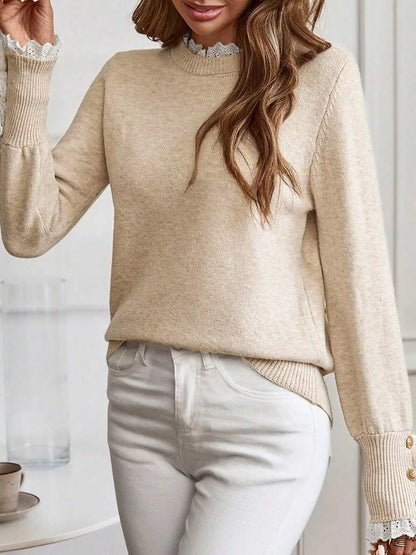 Lace Trim Button Cuff Long Sleeve Sweater - -