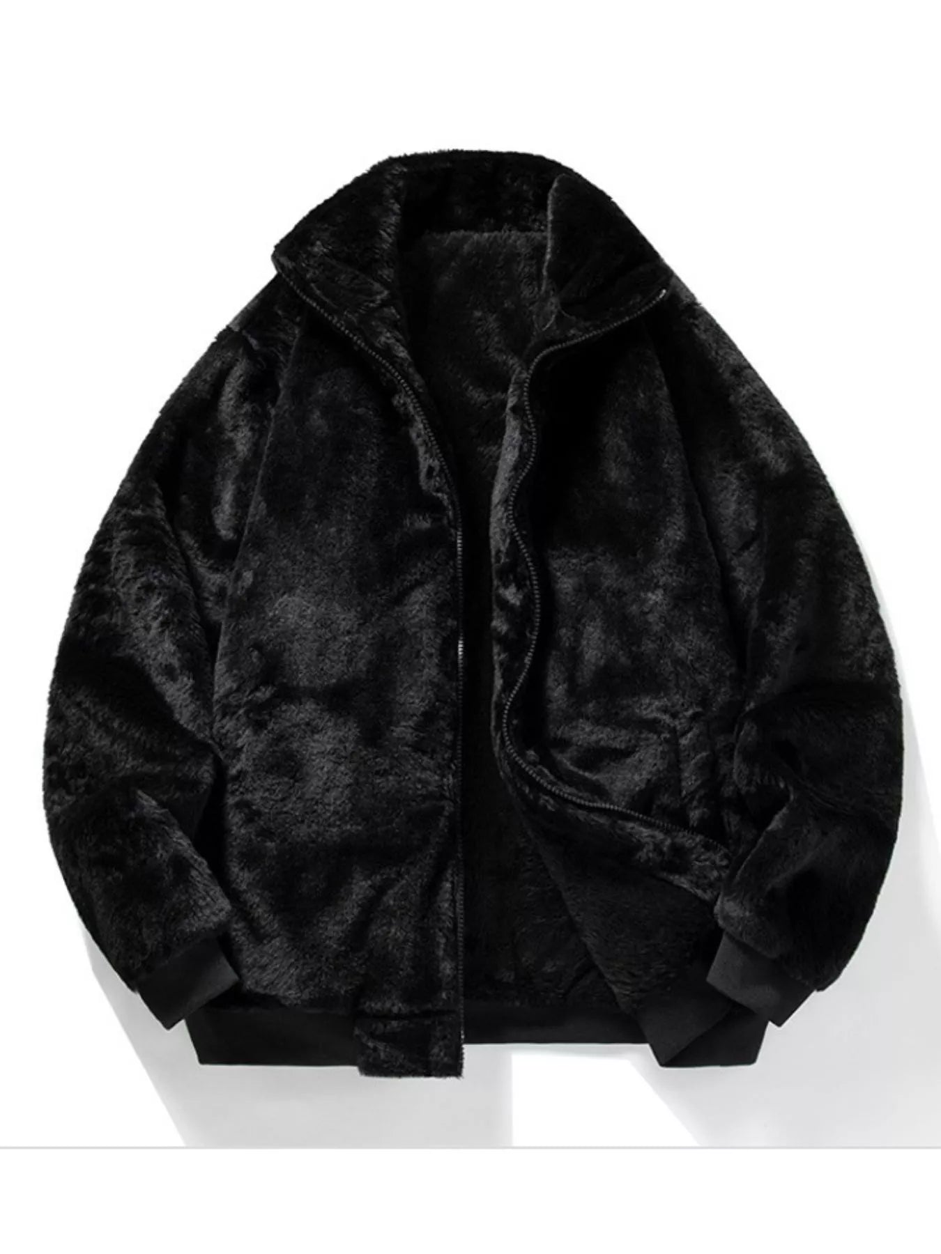 Men's Warm Faux Fur Zip Up Jacket - Black -
