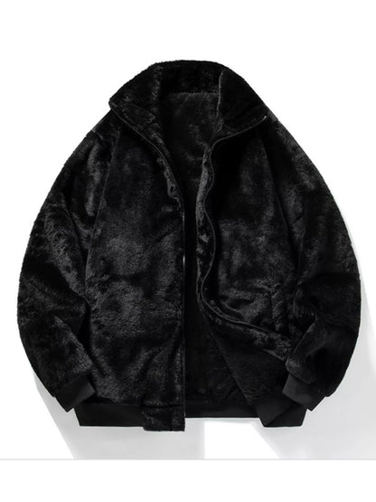 Men's Warm Faux Fur Zip Up Jacket - Black -