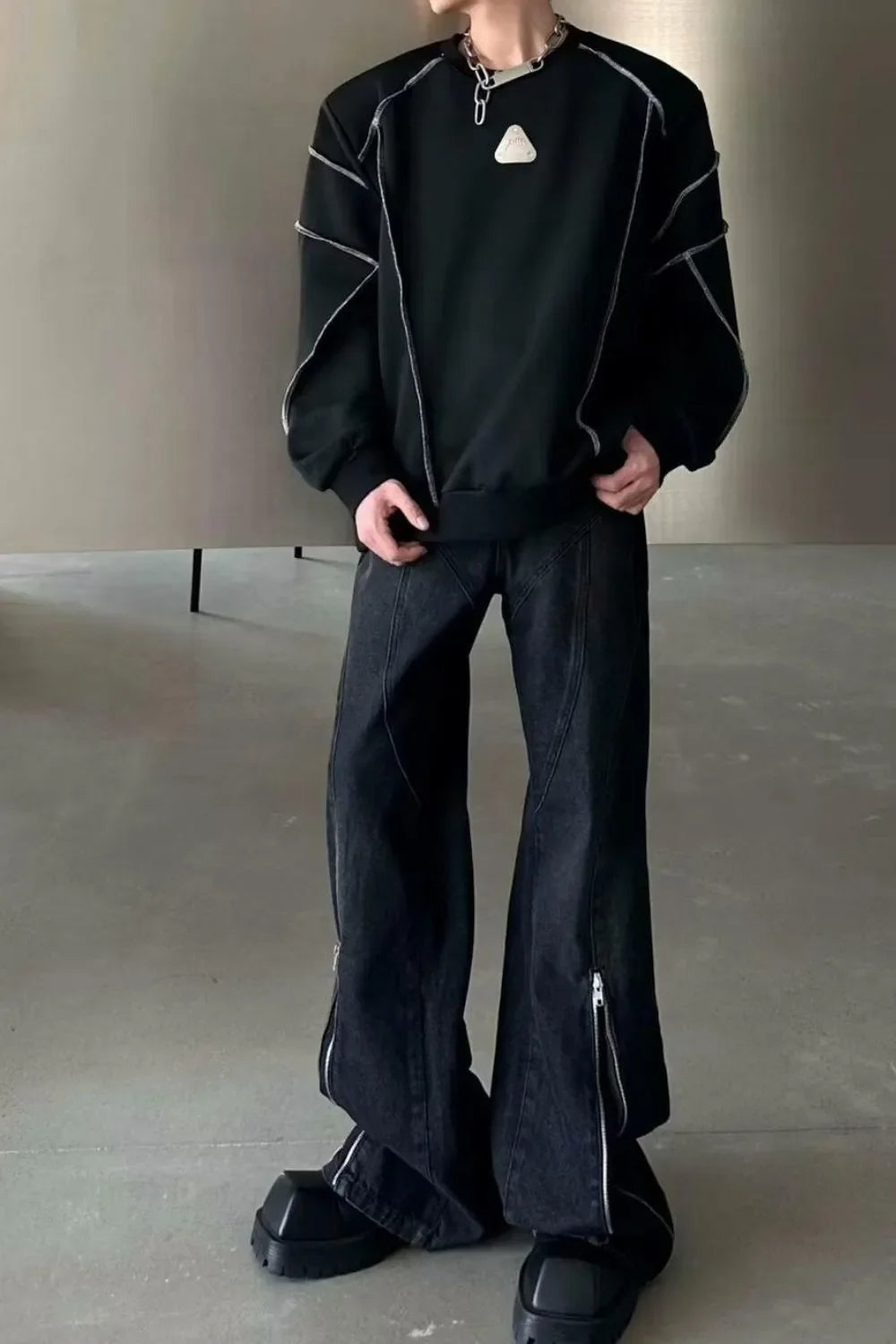 Men's Plus Size Washed Flare Jeans with Zipper Detail - -