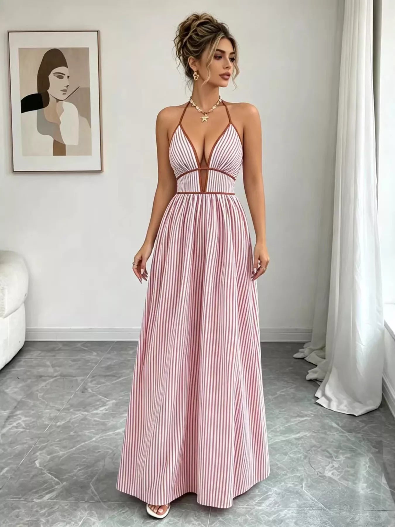 Striped Halter Neck Maxi Dress - -