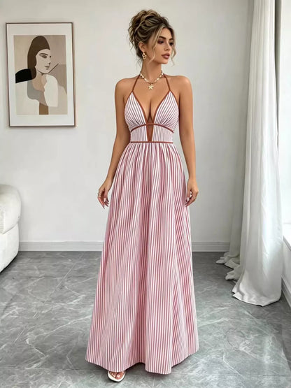 Striped Halter Neck Maxi Dress - -