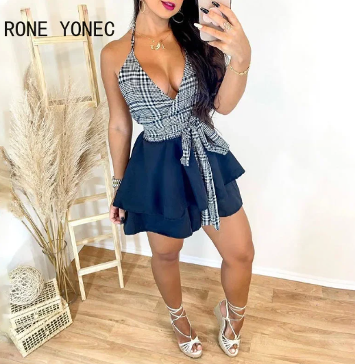 Trendy Plaid Halter Top & Sleek Mini Skirt Set - - skirt set