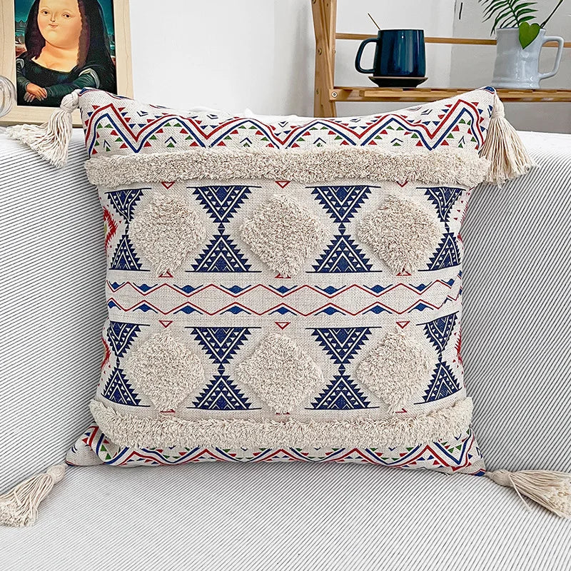 Colorful Tassel Tufted Throw Pillow Cover Geometric Pattern Pillowcase