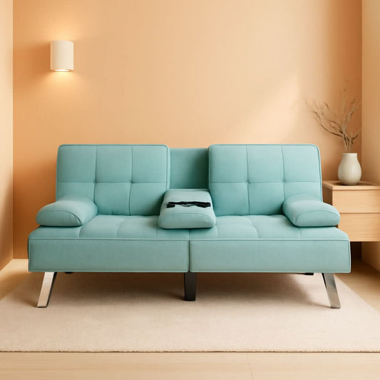 Linen Folding Futon Sofa Bed With Removable Armrests - Aqua - Aqua - Sofa