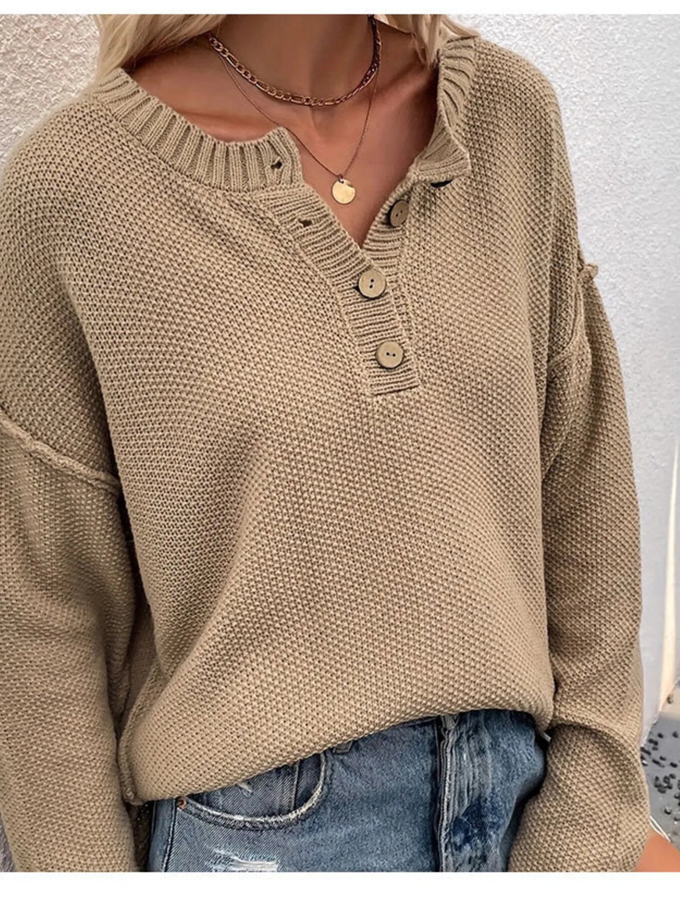 Button Detail Long Sleeve Knit Top - Apricot -