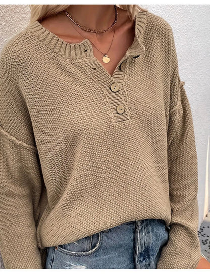 Button Detail Long Sleeve Knit Top - Apricot -