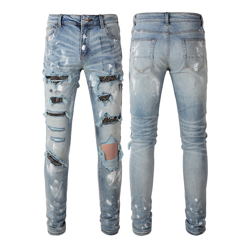 Chic Ripped Diamond Denim - - jeans