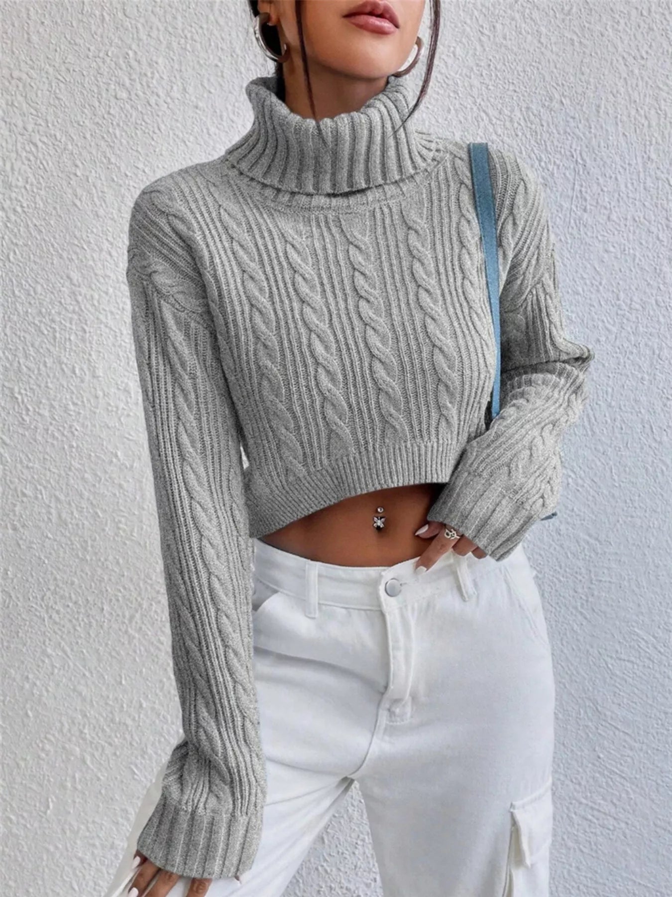 Cable-Knit Turtleneck Long Sleeve Sweater - -