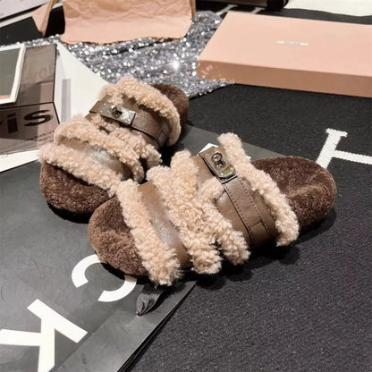 Fuzzy Buckle Accent Plush Slippers - -