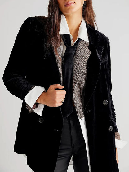 Lapel Collar Long Sleeve Blazer with Pockets - -