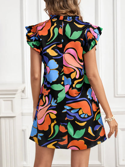 Printed Ruffle Sleeve Mini Dress - -