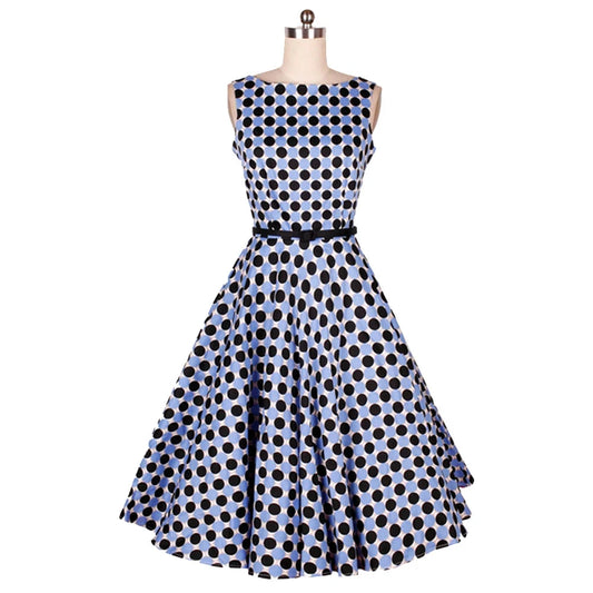 Retro Dress Blue and Black Polka Dot Boat Collar Adult Lady Girls Party Dress