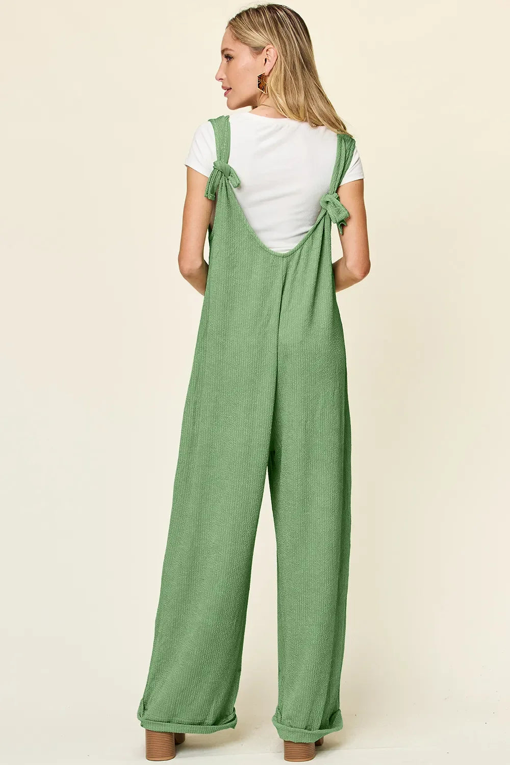 Double Take Full Size Texture Sleeveless Wide Leg Jumpsuit - -