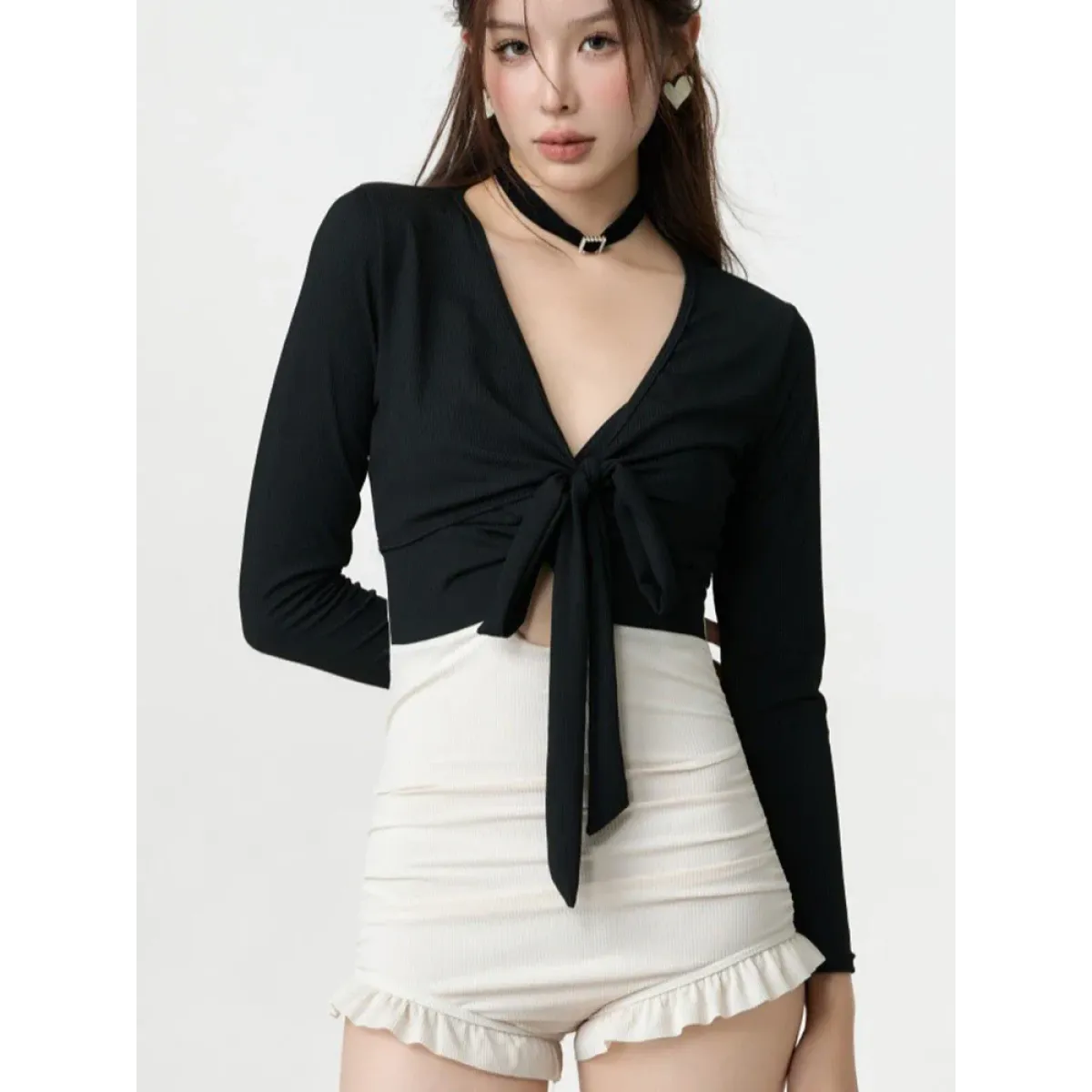 Bikini Set – V-Neck Long Sleeve with Ruffle High Waist - - Swimwear
