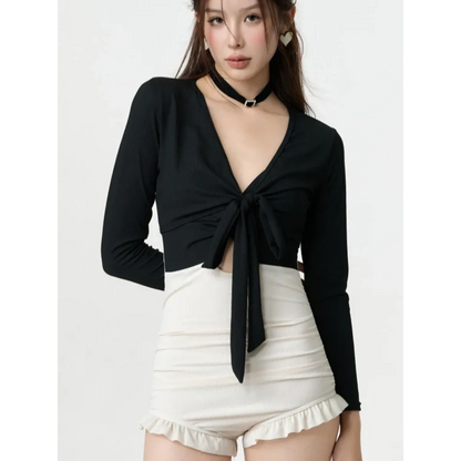 Bikini Set – V-Neck Long Sleeve with Ruffle High Waist - - Swimwear