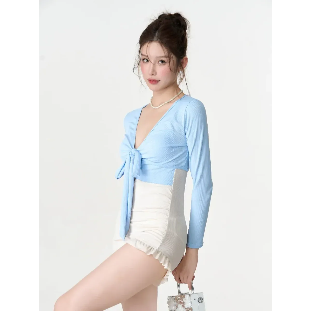 Bikini Set – V-Neck Long Sleeve with Ruffle High Waist - - Swimwear