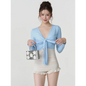 Bikini Set – V-Neck Long Sleeve with Ruffle High Waist - Blue - Swimwear