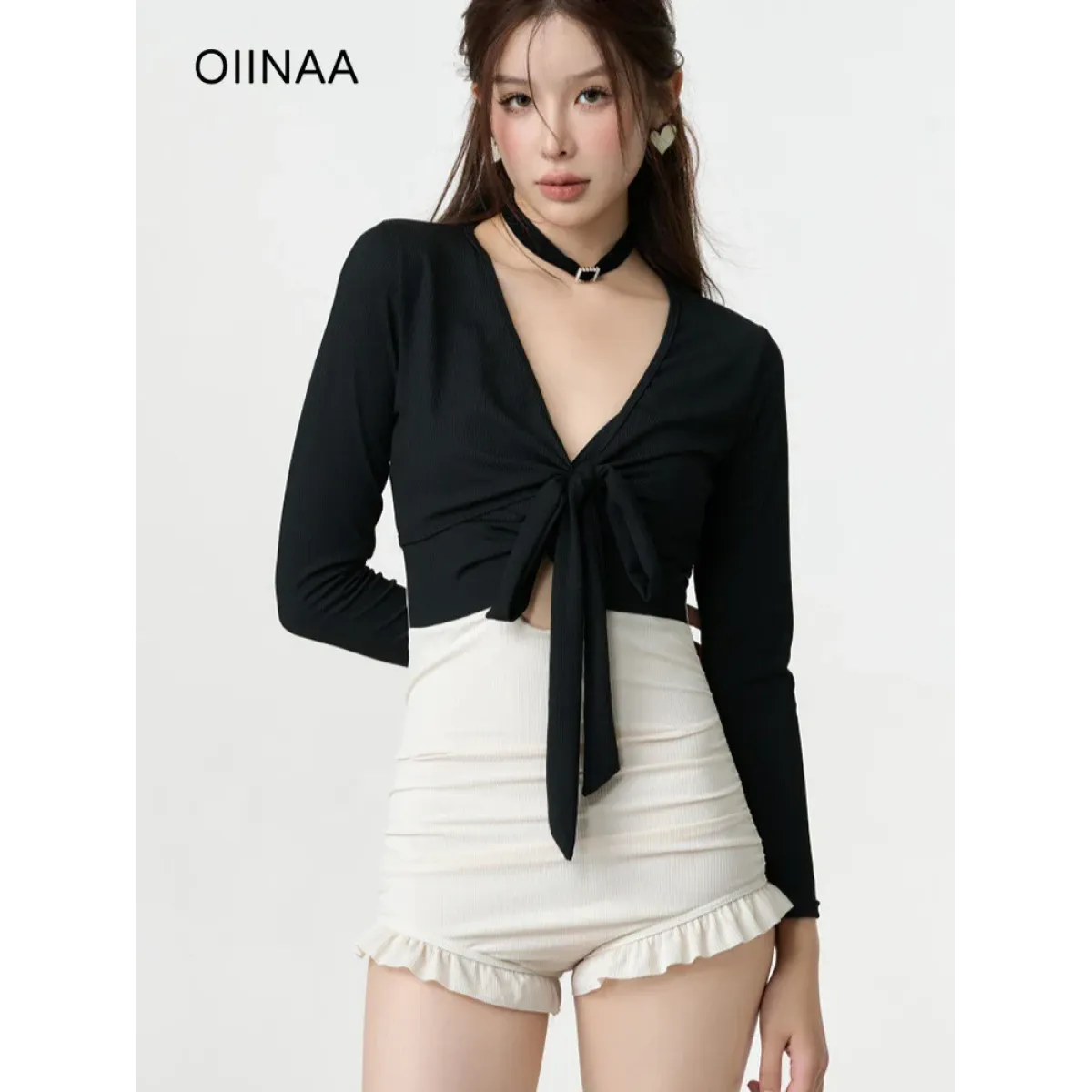 Bikini Set – V-Neck Long Sleeve with Ruffle High Waist - - Swimwear
