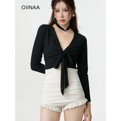 Bikini Set – V-Neck Long Sleeve with Ruffle High Waist - - Swimwear