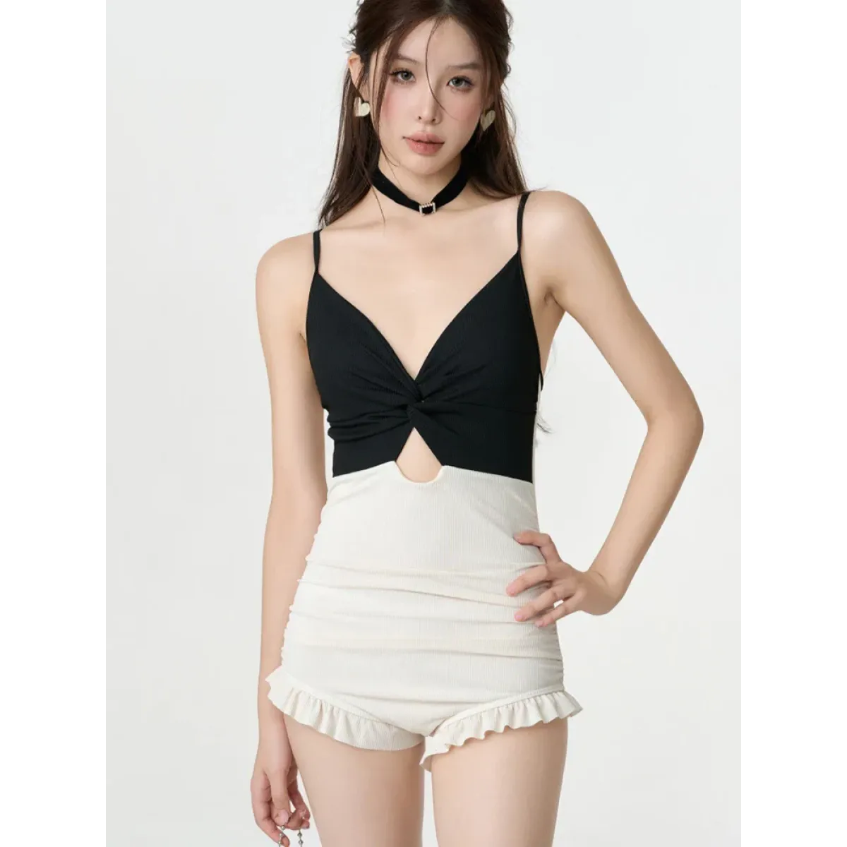 Bikini Set – V-Neck Long Sleeve with Ruffle High Waist - - Swimwear