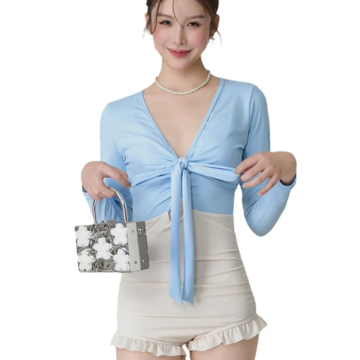 Bikini Set – V-Neck Long Sleeve with Ruffle High Waist - - Swimwear